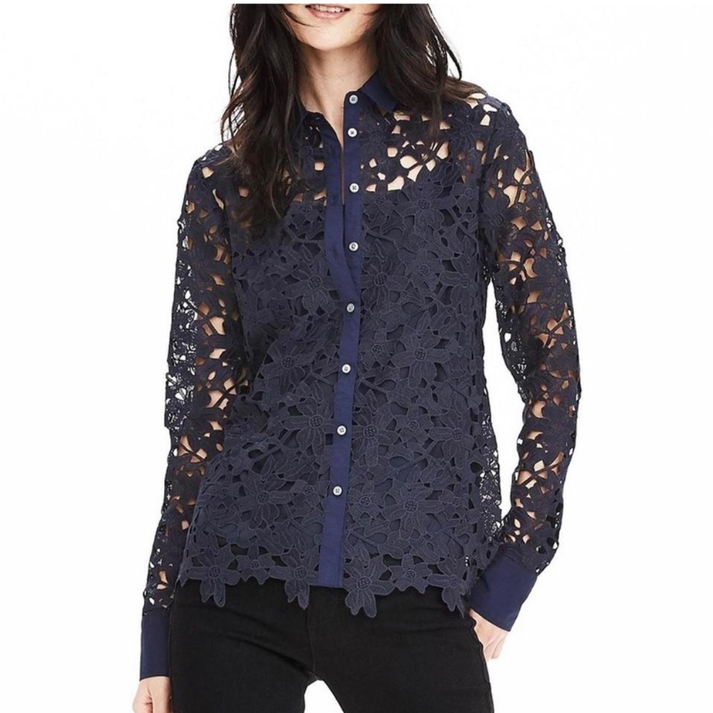 Banana Republic Navy Blue Lace Button Down Blouse Size XS